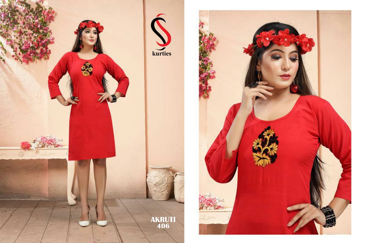 Ss Presents Akruti 4 Pure Cotton Self Embroidered Casual Kurtis