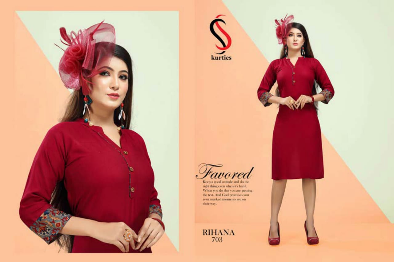 Ss Presents Rihana 7 Collection Of Rayon Plain Casual Wear Kurtis