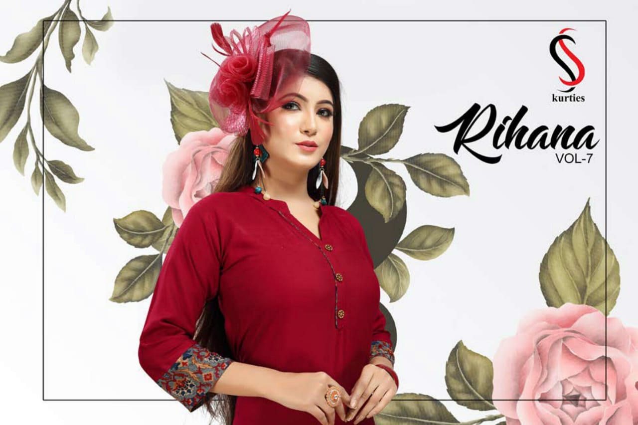 Ss Presents Rihana 7 Collection Of Rayon Plain Casual Wear Kurtis