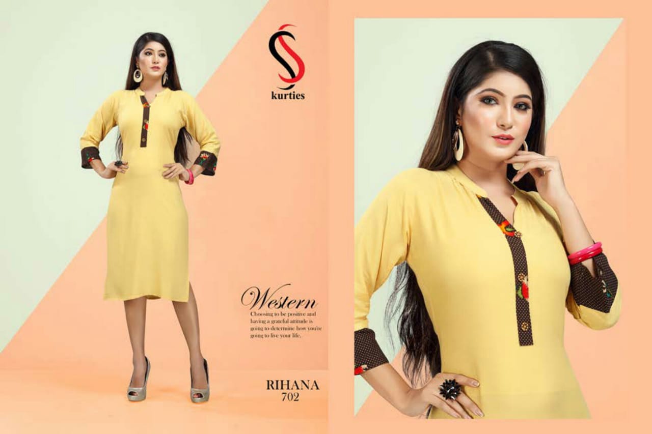 Ss Presents Rihana 7 Collection Of Rayon Plain Casual Wear Kurtis