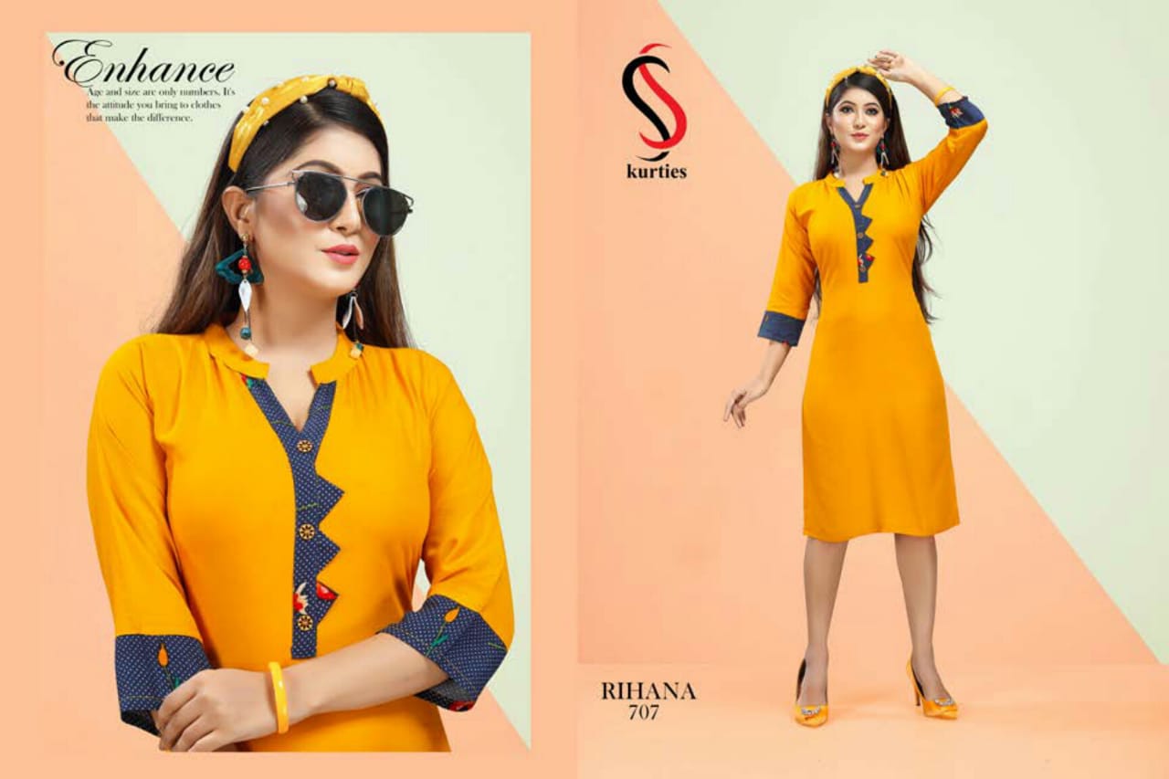 Ss Presents Rihana 7 Collection Of Rayon Plain Casual Wear Kurtis