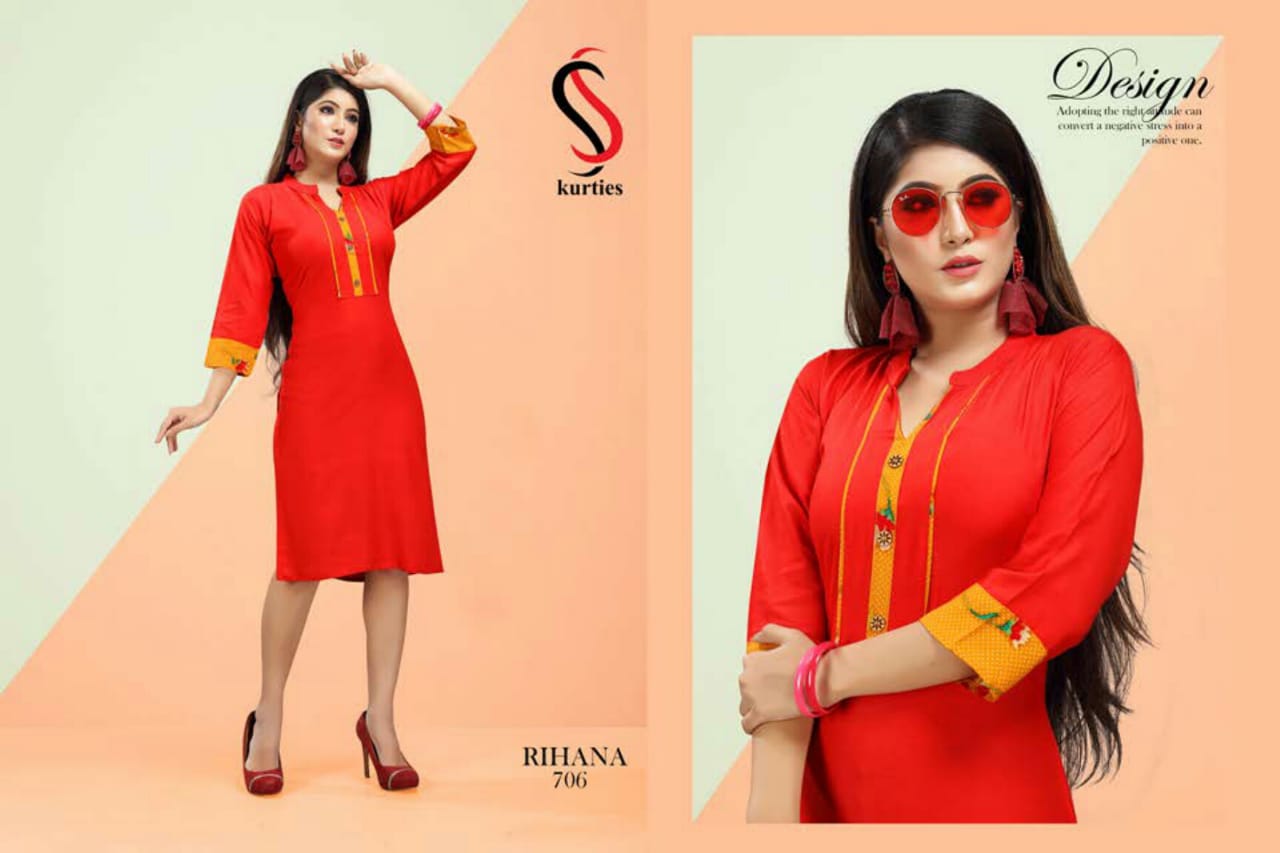 Ss Presents Rihana 7 Collection Of Rayon Plain Casual Wear Kurtis