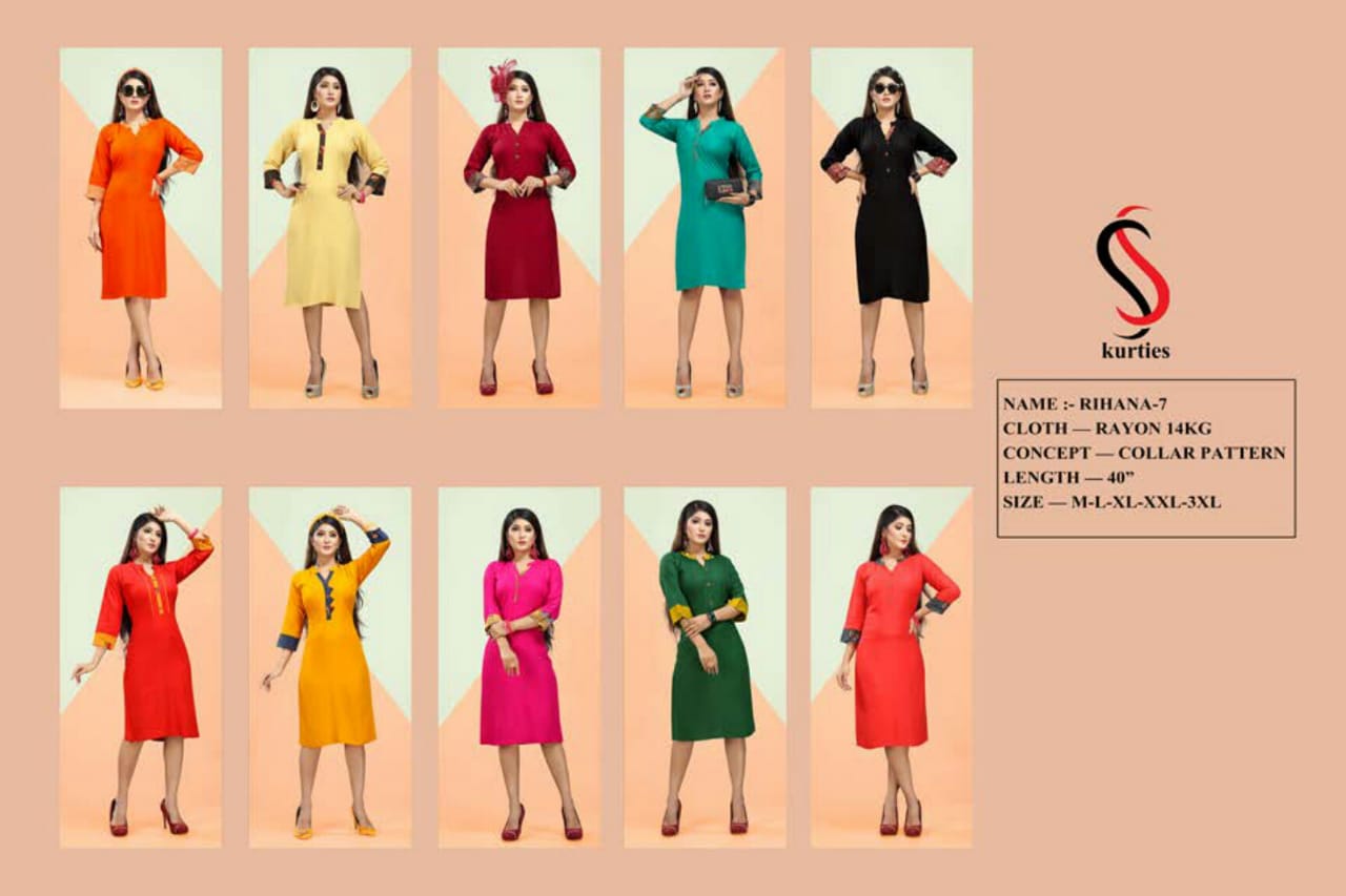 Ss Presents Rihana 7 Collection Of Rayon Plain Casual Wear Kurtis