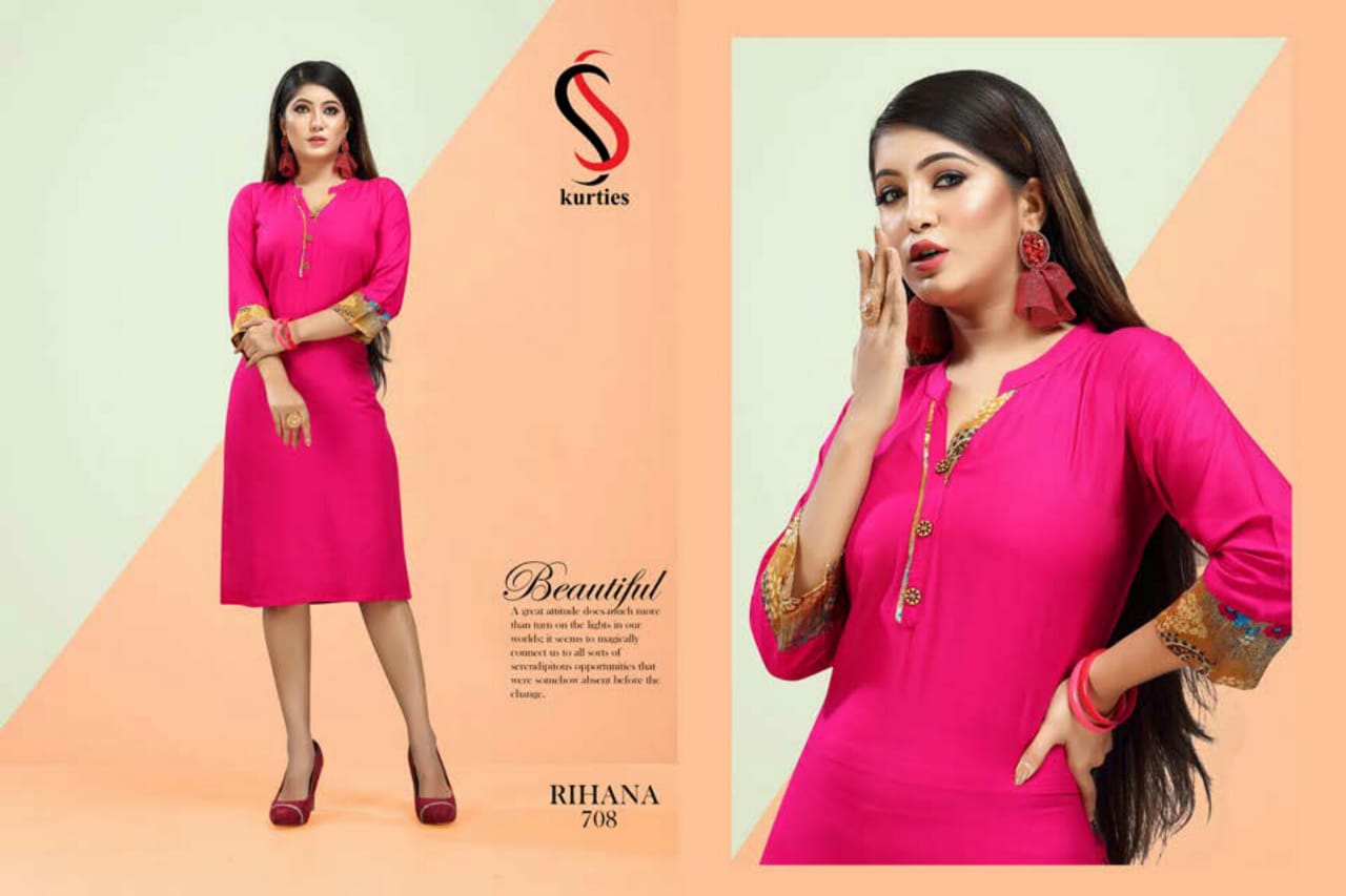 Ss Presents Rihana 7 Collection Of Rayon Plain Casual Wear Kurtis