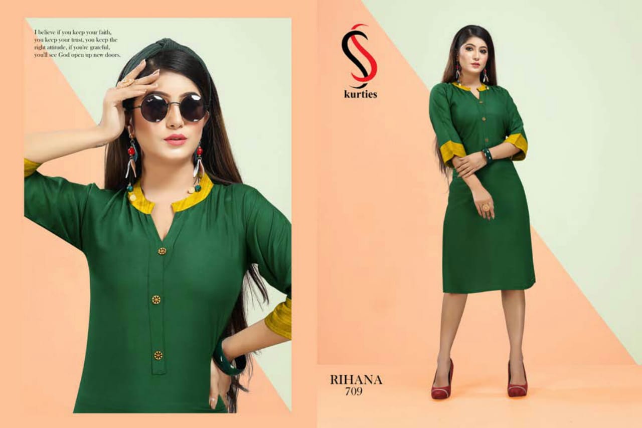 Ss Presents Rihana 7 Collection Of Rayon Plain Casual Wear Kurtis