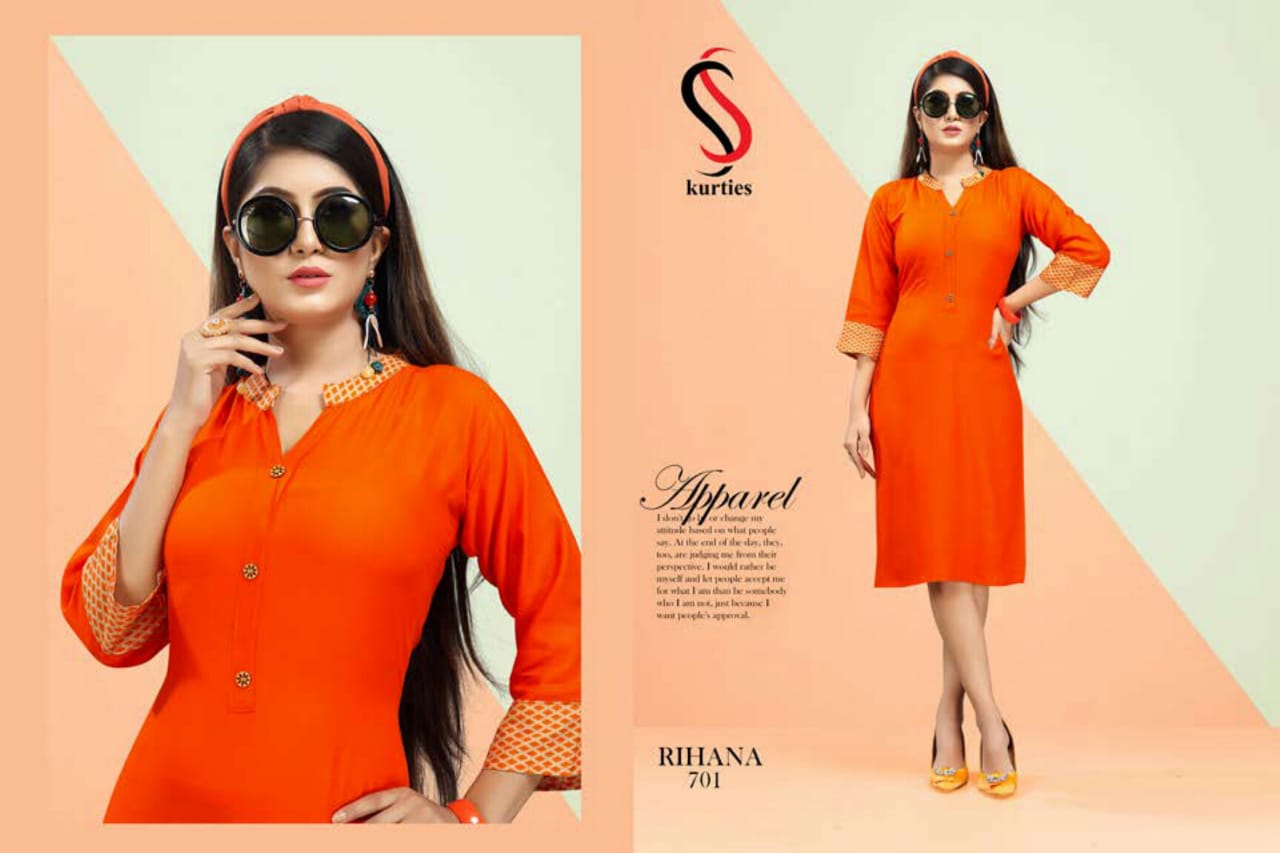 Ss Presents Rihana 7 Collection Of Rayon Plain Casual Wear Kurtis