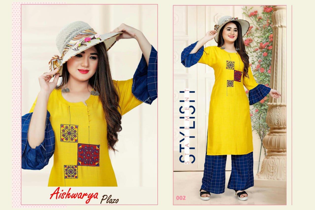 Aagya Presents Aishwarya Plazo Collection Of Heavy Rayon Stylish Kurti With Bottom