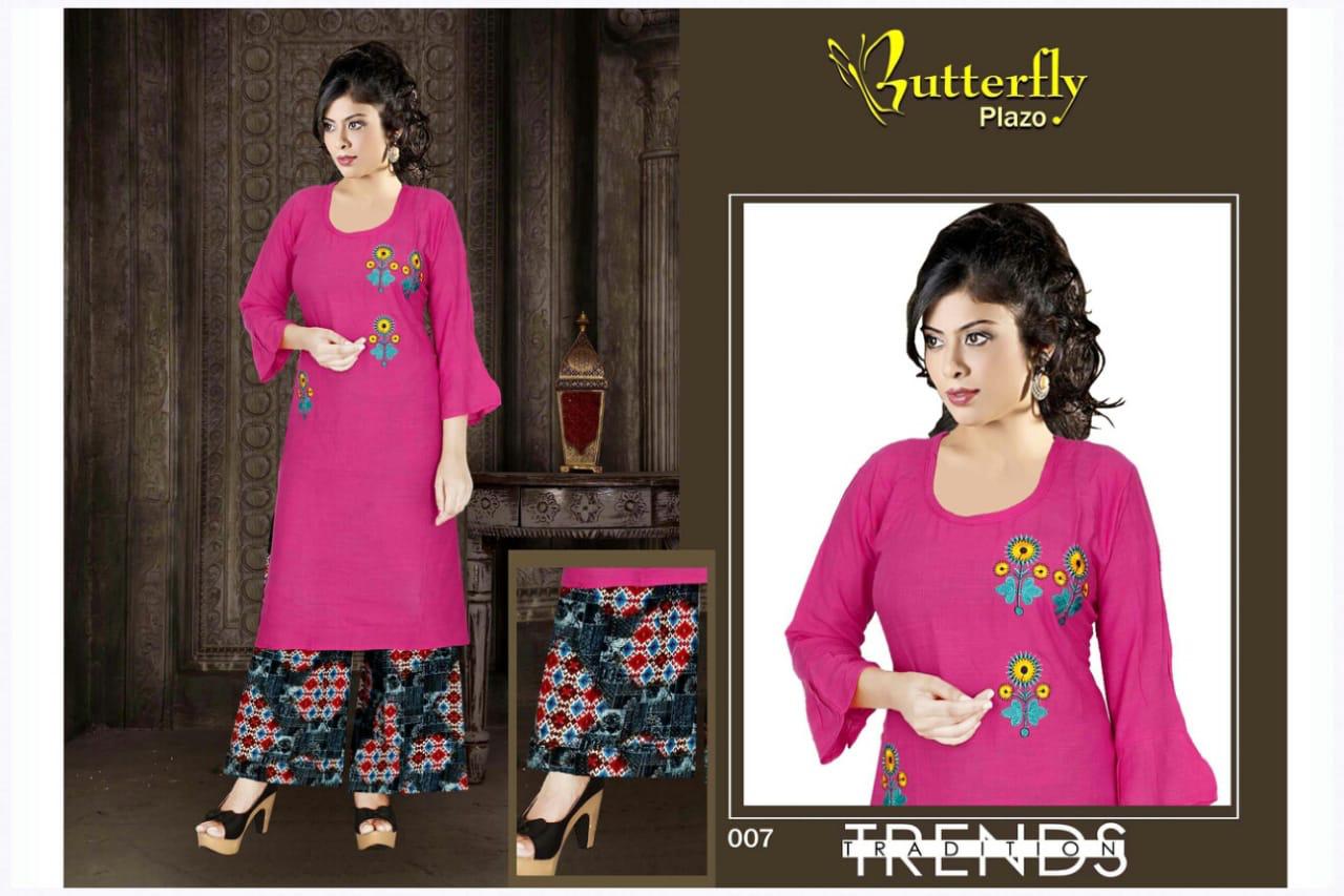 Aagya Presents Butterfly Plazo Collection Of Heavy Rayon Embroidered Kurti With Printed Plazo