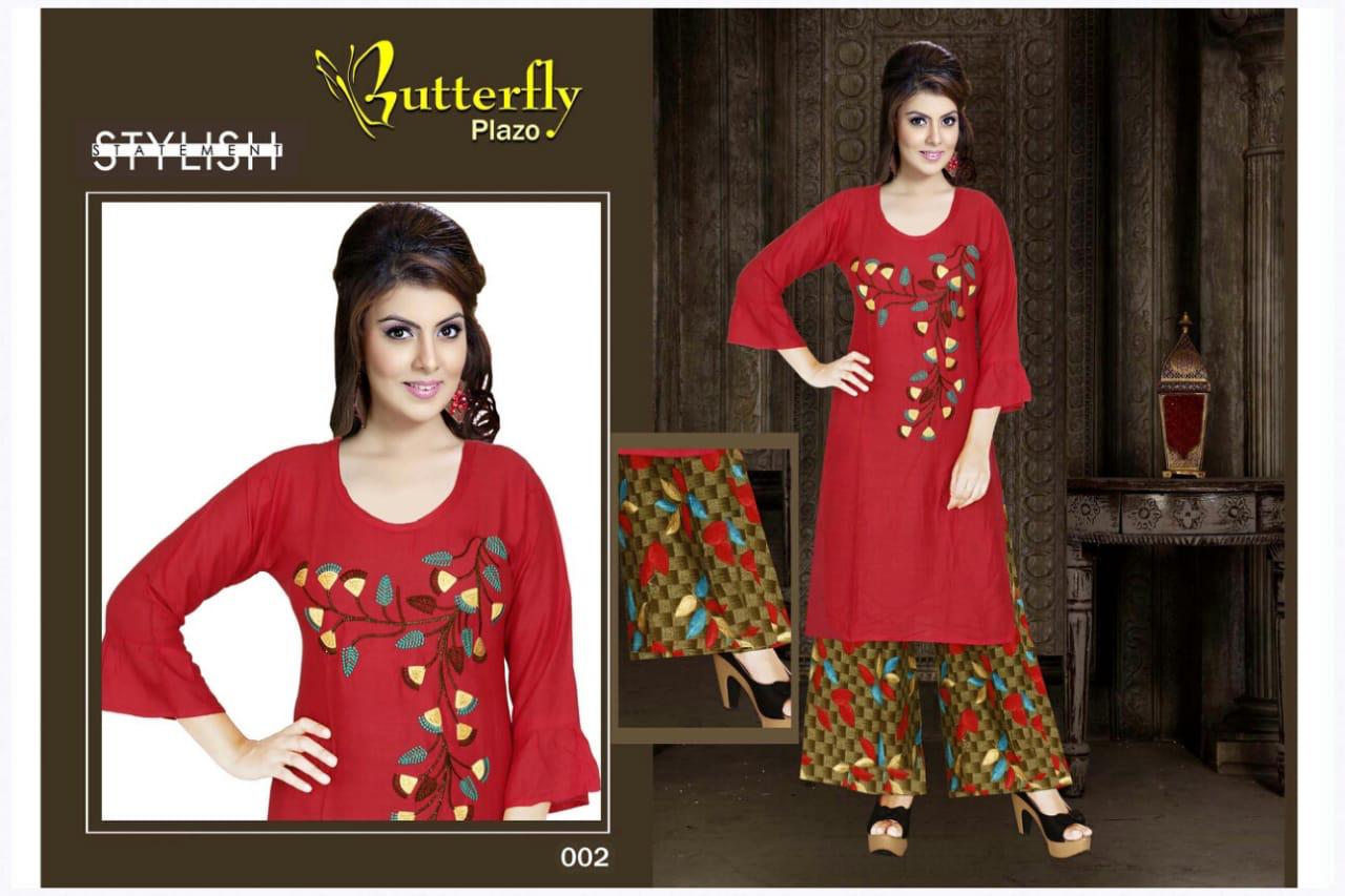 Aagya Presents Butterfly Plazo Collection Of Heavy Rayon Embroidered Kurti With Printed Plazo