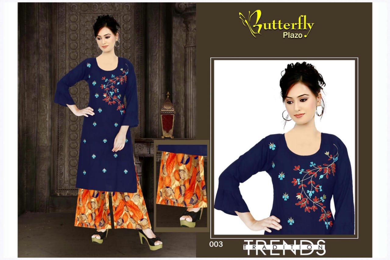 Aagya Presents Butterfly Plazo Collection Of Heavy Rayon Embroidered Kurti With Printed Plazo