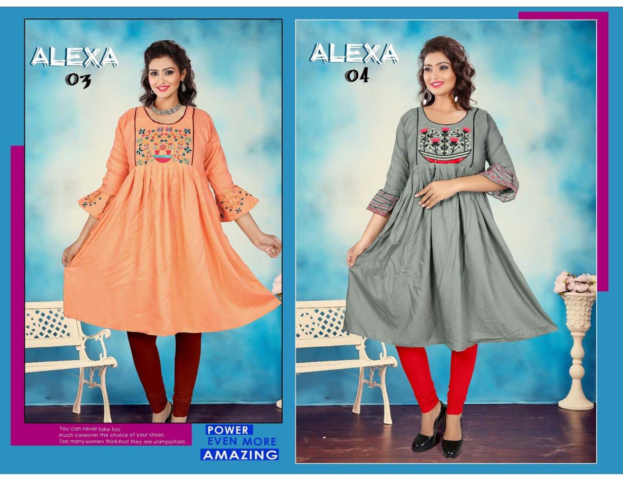 Honey Presents Alexa Collection Of Attractive Embroidered Round Flair Short Kurtis