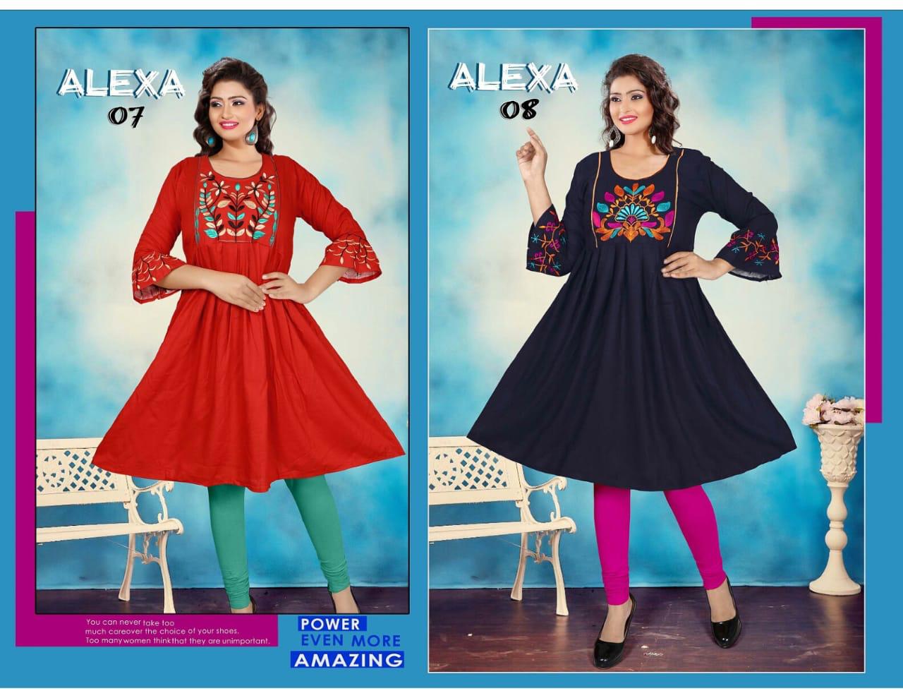 Honey Presents Alexa Collection Of Attractive Embroidered Round Flair Short Kurtis