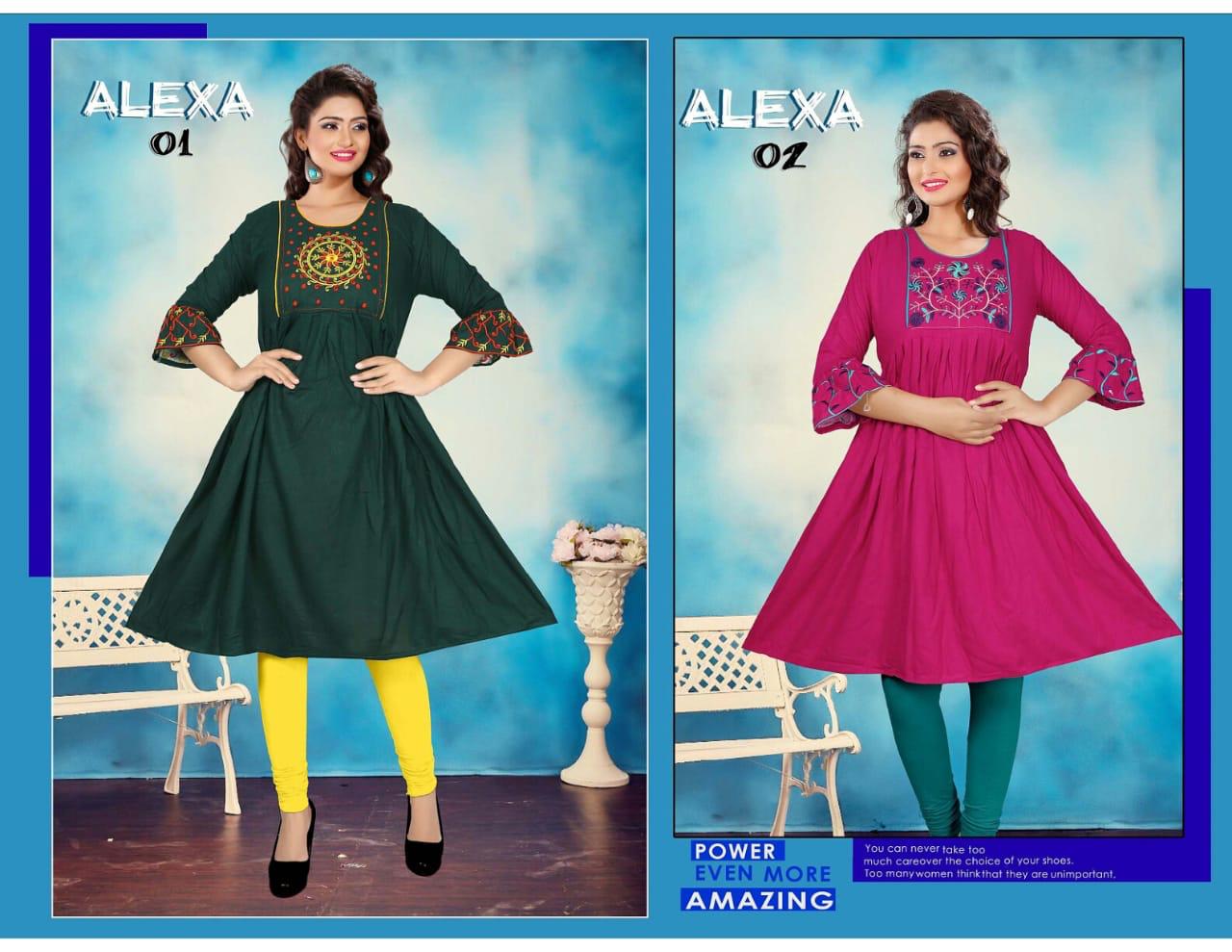 Honey Presents Alexa Collection Of Attractive Embroidered Round Flair Short Kurtis