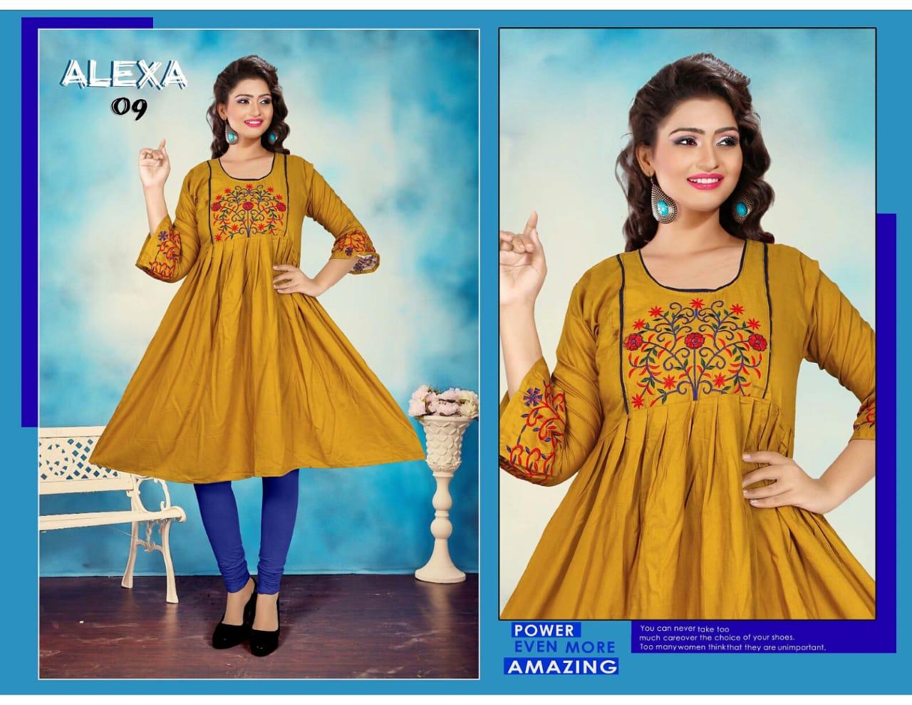 Honey Presents Alexa Collection Of Attractive Embroidered Round Flair Short Kurtis