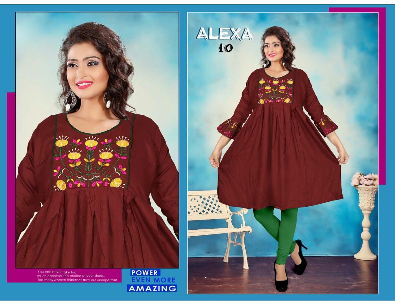 Honey Presents Alexa Collection Of Attractive Embroidered Round Flair Short Kurtis