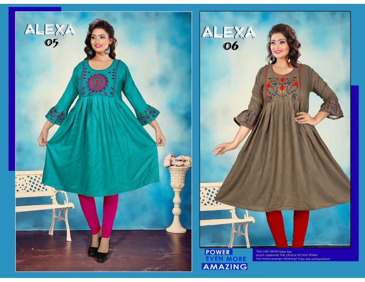 Honey Presents Alexa Collection Of Attractive Embroidered Round Flair Short Kurtis