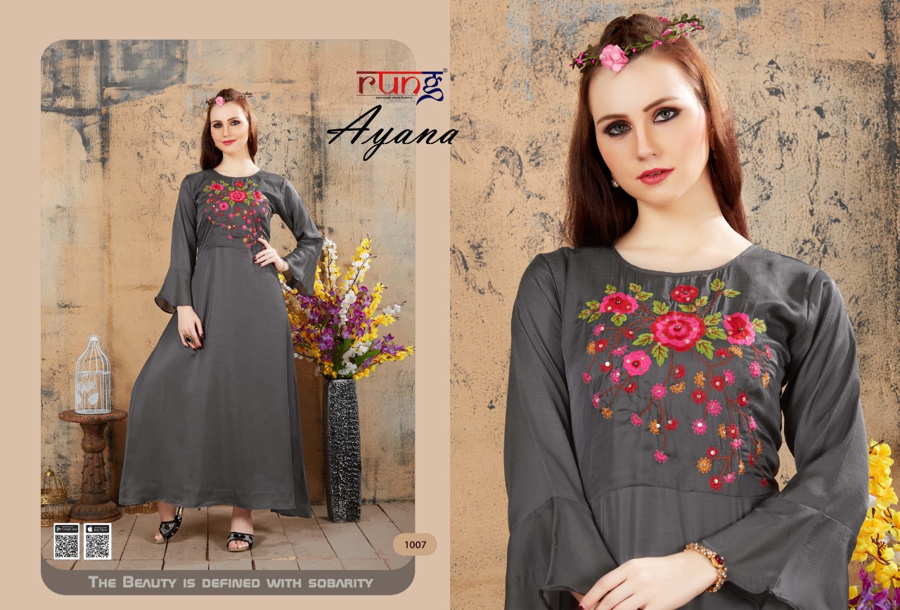 Rung Presents Ayana Collection Of Stylish Fancy Work Designer Kurtis