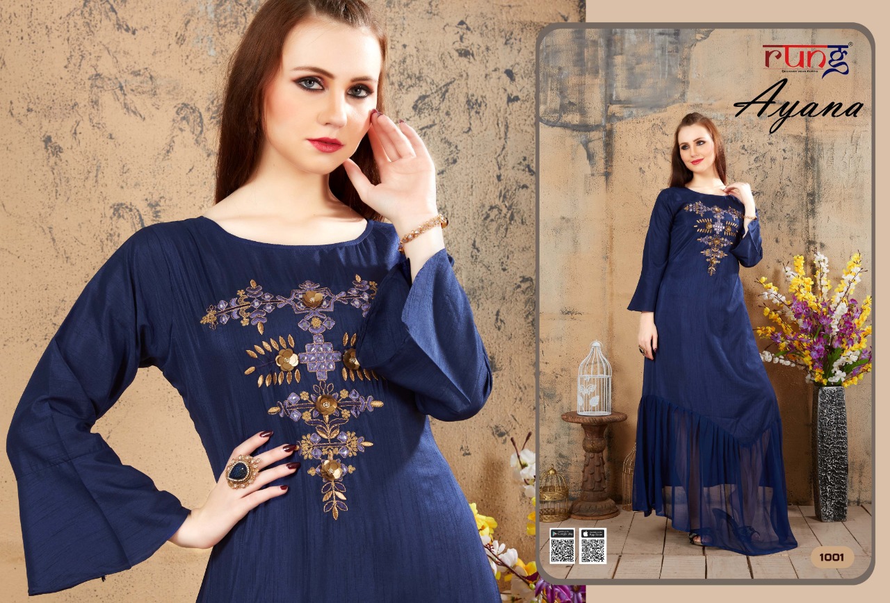 Rung Presents Ayana Collection Of Stylish Fancy Work Designer Kurtis