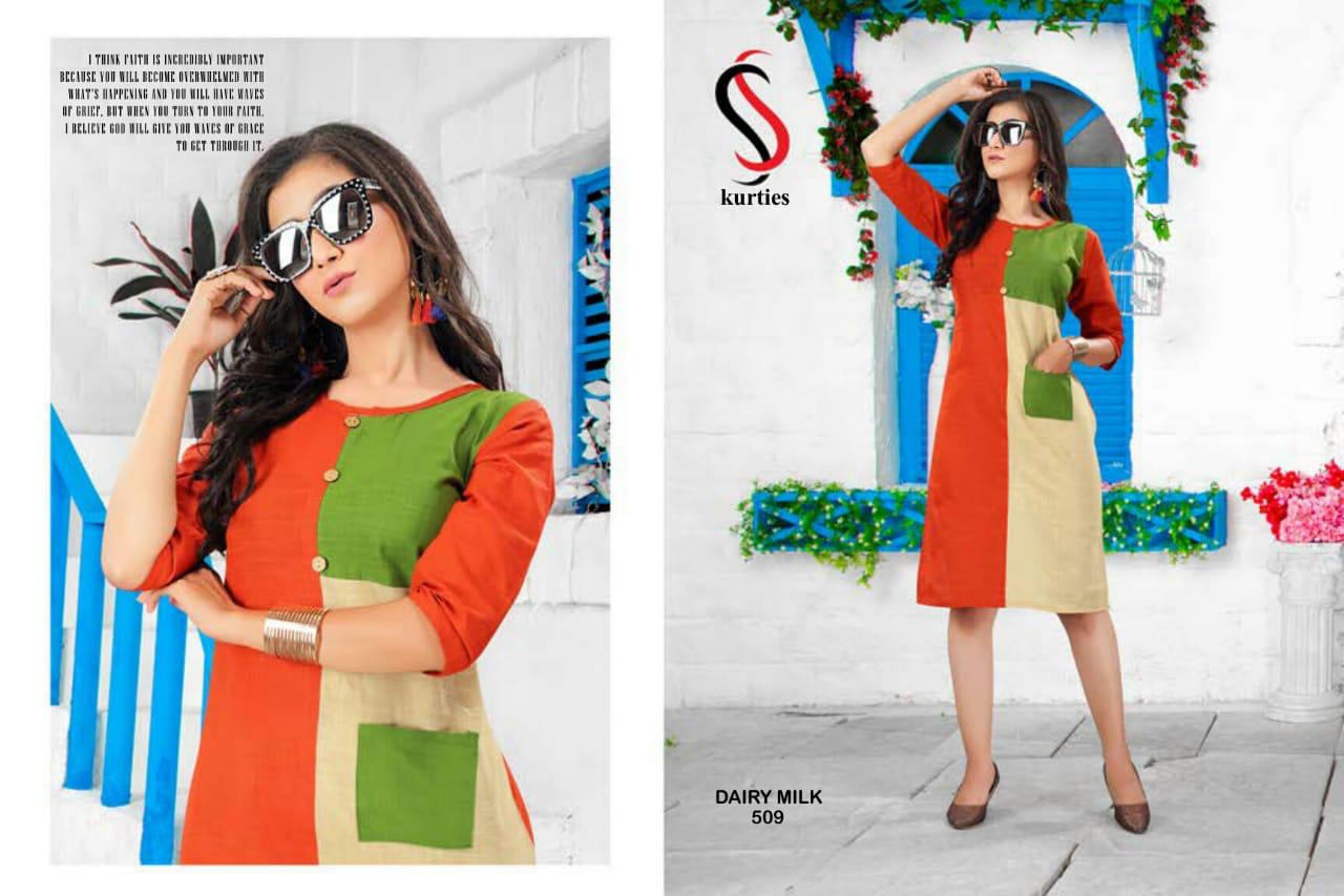 Ss Kurtis Presents Dairy Milk 5 Collection Of Multi Color Cotton Slub Casual Kurtis