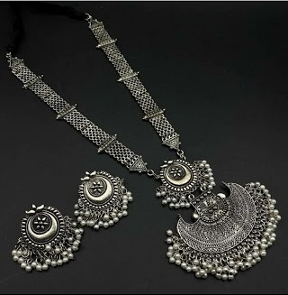 Ij Presents Oxidised Silver Ghungru Jewellery Chain Pendant Necklace Set For Women & Girls