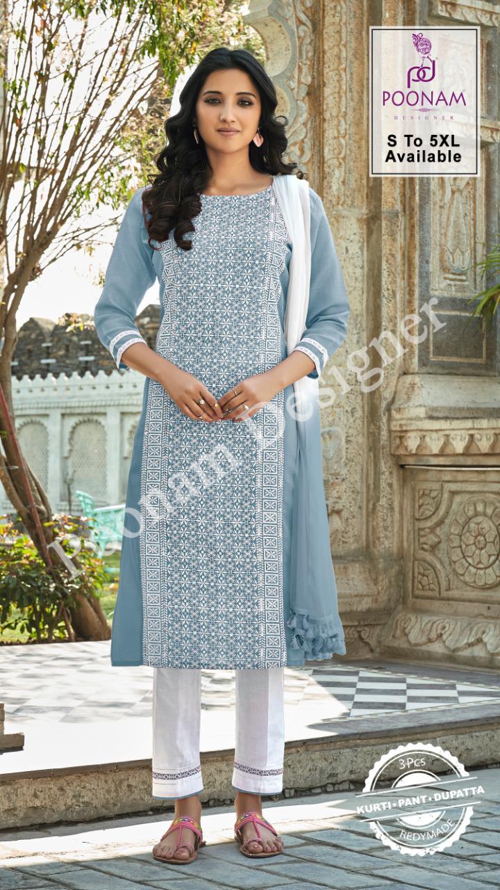 Poonam Gorgeous Lucknowi 3-pices Latest Kurtis Design Patterns 2021