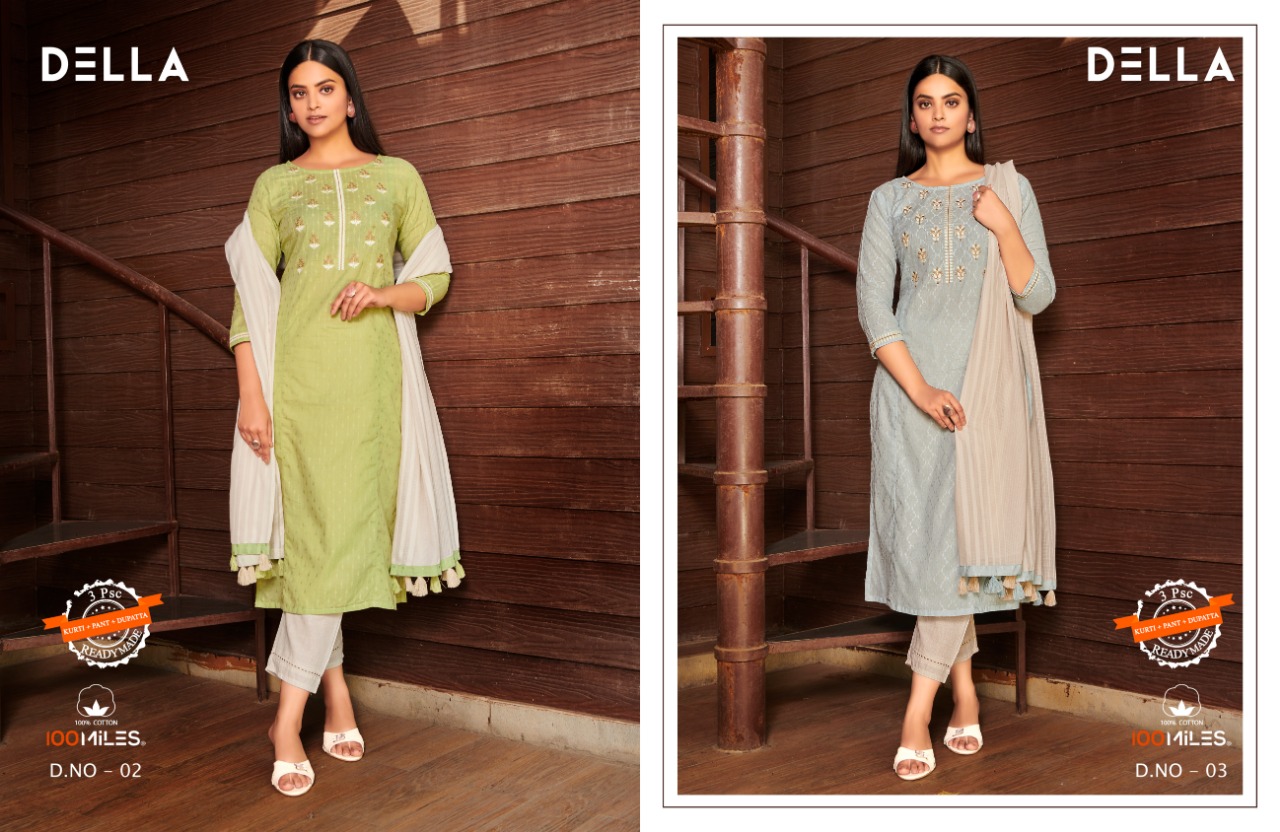 100miles Della Casual Kurtis And  Pants With Lace Detailing With Dupatta