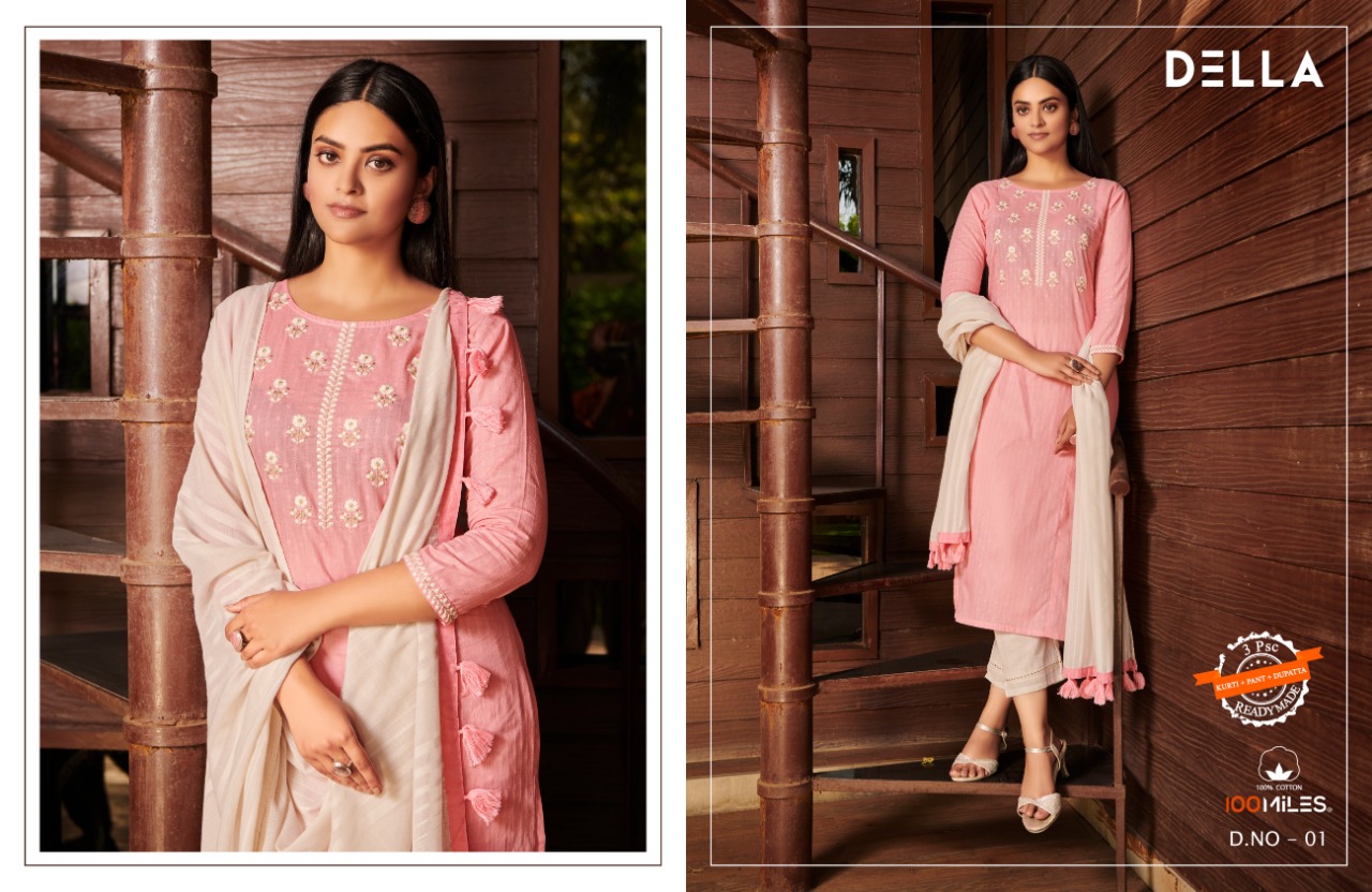 100miles Della Casual Kurtis And  Pants With Lace Detailing With Dupatta