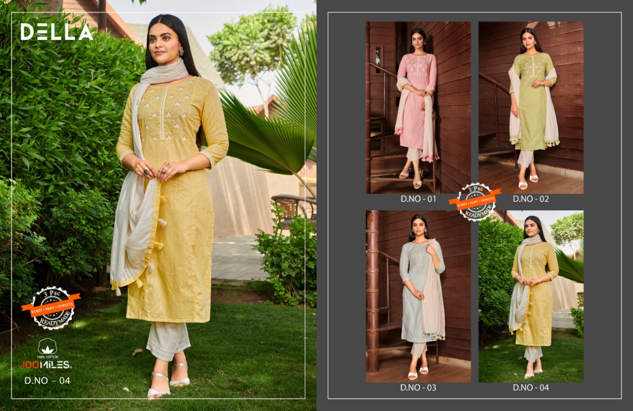 100miles Della Casual Kurtis And  Pants With Lace Detailing With Dupatta