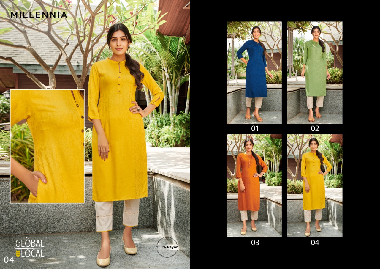 Global Local Millennia Rayon Jacquard Vibrant Kurtis With Slant Pocket