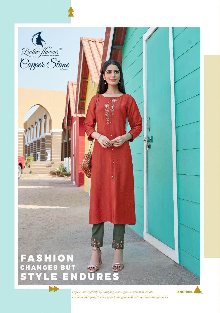 Ladies Flavour Copper Stone Vol  2 Viscose Fancy Embroidery Kurti With Bottom