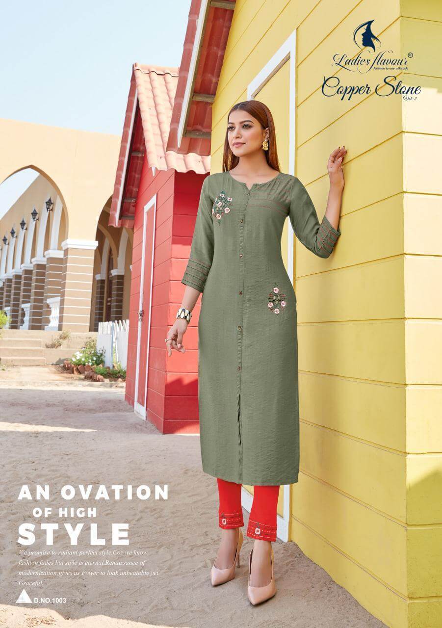 Ladies Flavour Copper Stone Vol  2 Viscose Fancy Embroidery Kurti With Bottom