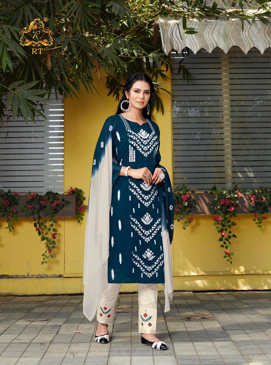 Rt Lucknowi Heavy Embroidery Kurti With Pant And Dupatta Ready Made Catalog