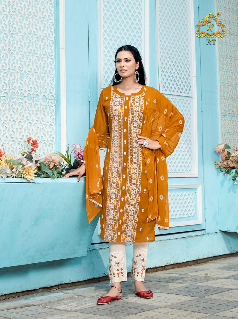 Rt Lucknowi Heavy Embroidery Kurti With Pant And Dupatta Ready Made Catalog