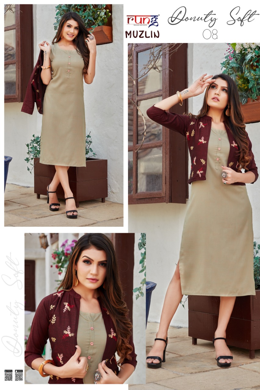 Rung  Muzlin Designer Kurtis With  Jacket  Catalog