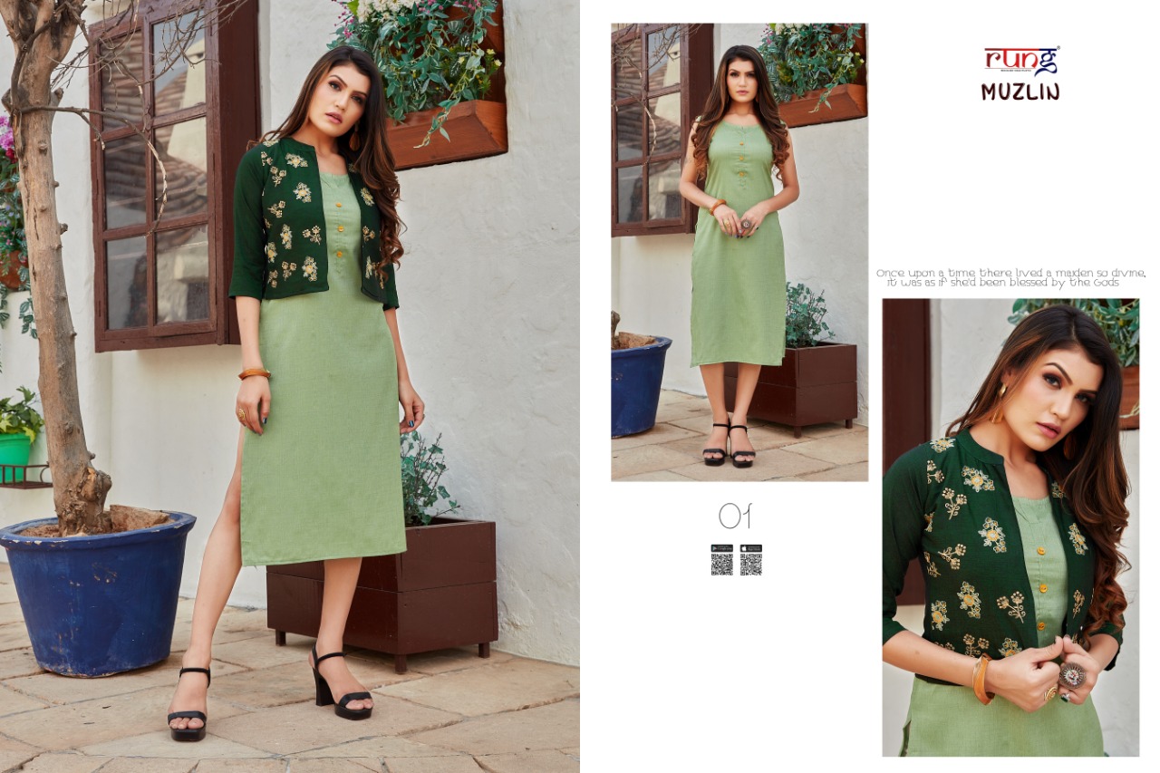 Rung  Muzlin Designer Kurtis With  Jacket  Catalog