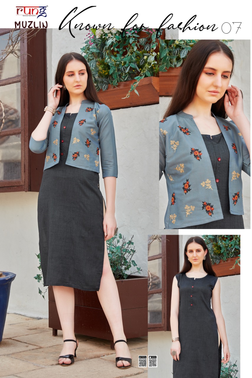 Rung  Muzlin Designer Kurtis With  Jacket  Catalog