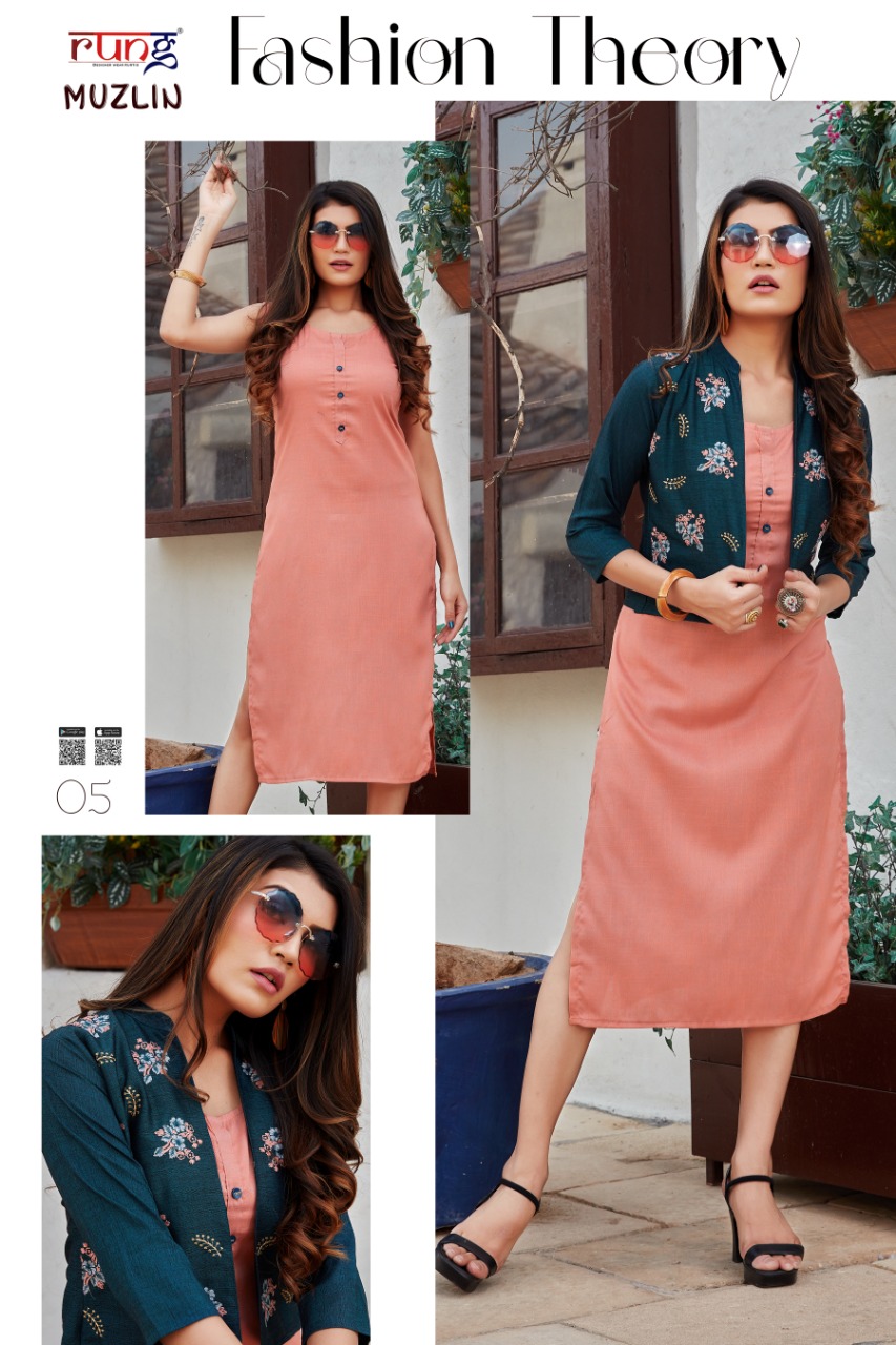 Rung  Muzlin Designer Kurtis With  Jacket  Catalog