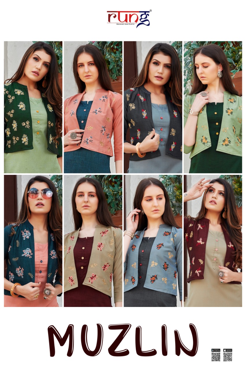 Rung  Muzlin Designer Kurtis With  Jacket  Catalog