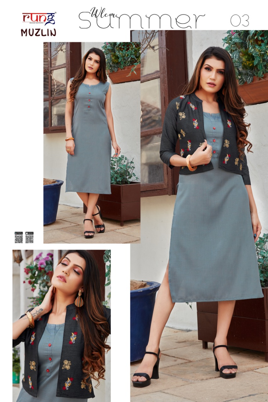 Rung  Muzlin Designer Kurtis With  Jacket  Catalog