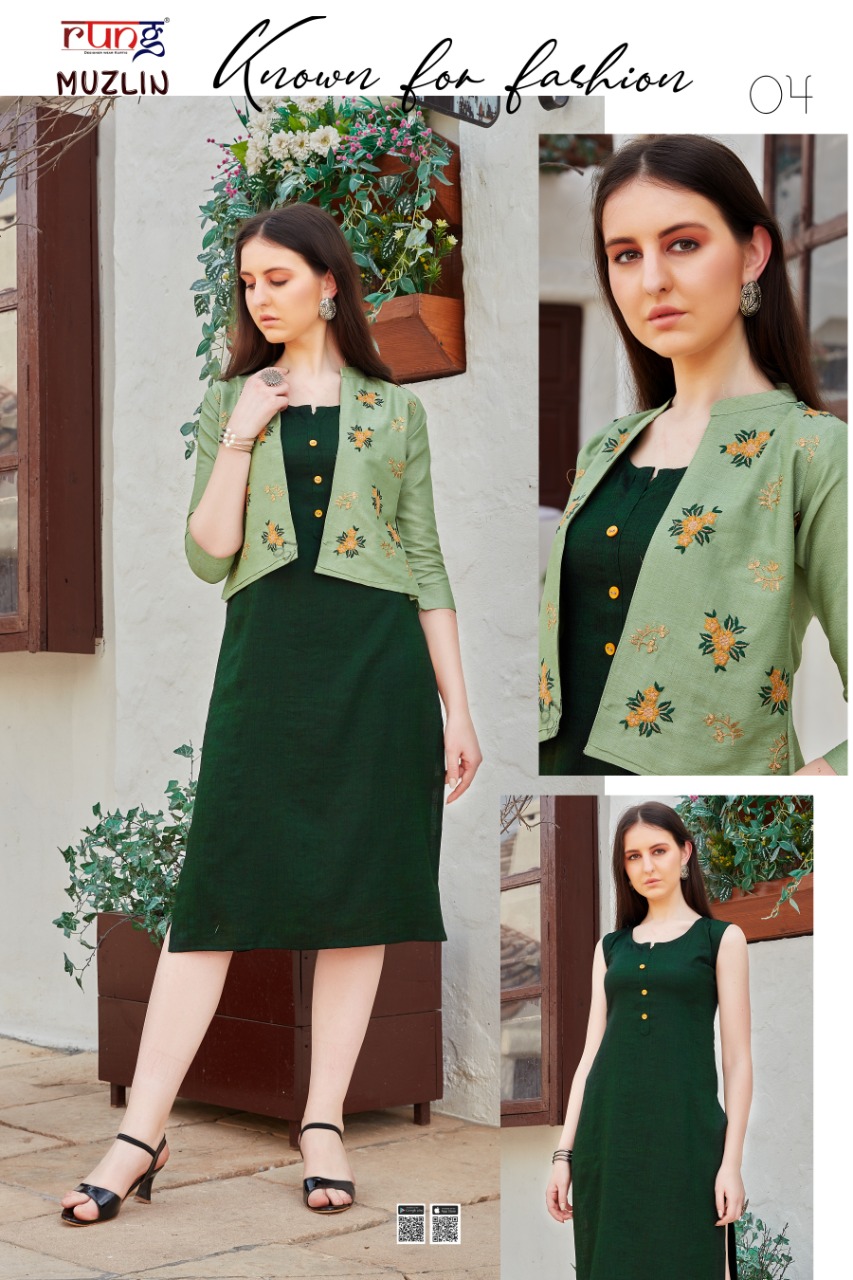 Rung  Muzlin Designer Kurtis With  Jacket  Catalog