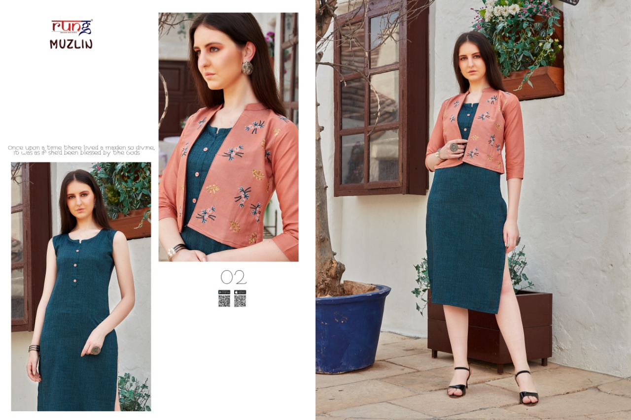 Rung  Muzlin Designer Kurtis With  Jacket  Catalog