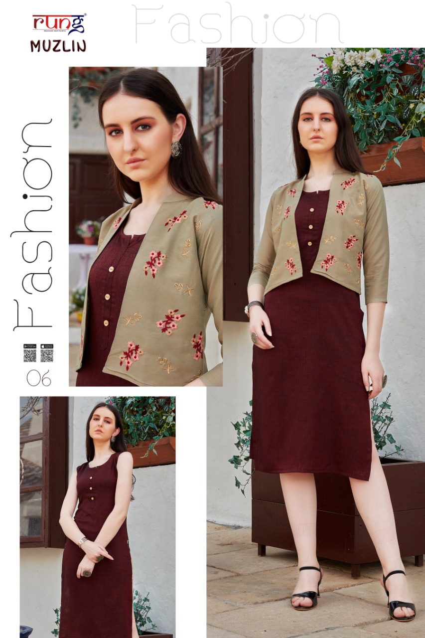 Rung  Muzlin Designer Kurtis With  Jacket  Catalog