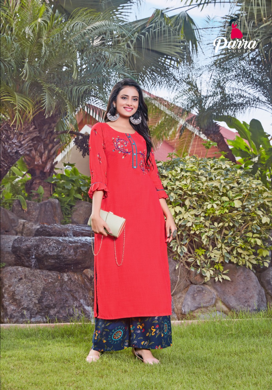 Parra Studio Eva Rayon Fancy Emnroidery Kurti With Plazzo Catalog