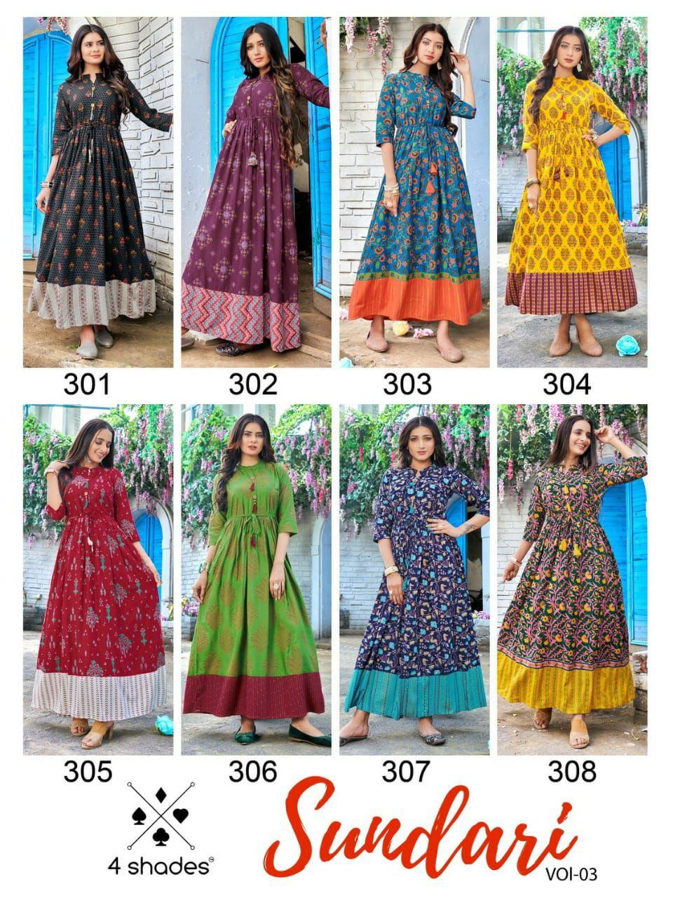 4 Shades Sundari Vol  3 Long Printed Anarkali Kurti Catalog