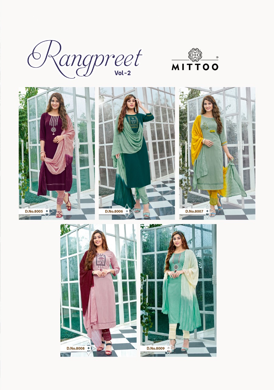 Mittoo Rangpreet Vol 2 Embroidery Ready-made  Kurti Pant Set With Dupatta Wholesale