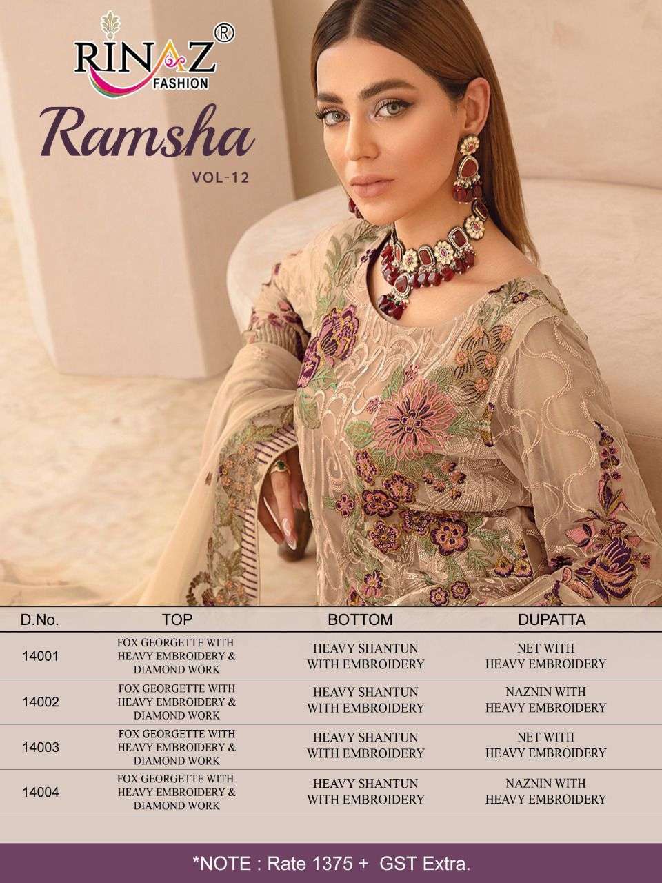 Rinaz Ramsha Vol  12 Designer Georgette Embroidery Pakistani Suit Catalog