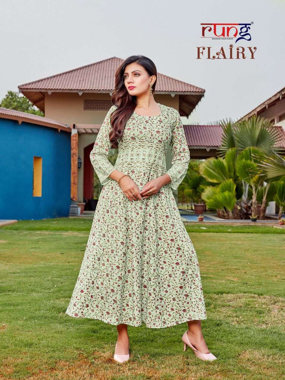 Rung Flairy Catalog Party Wear Rayon Printed Long Anarkali Kurtis