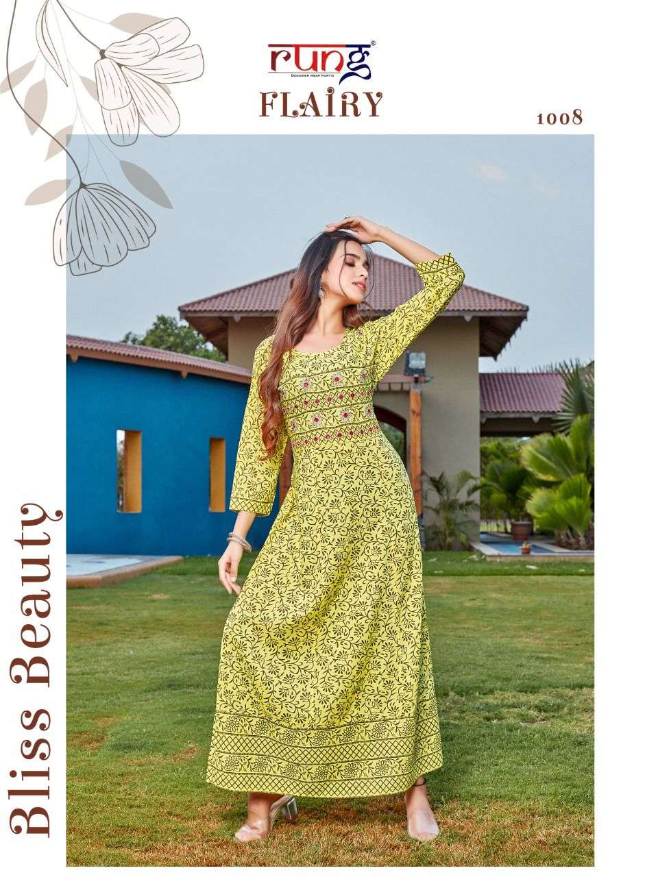 Rung Flairy Catalog Party Wear Rayon Printed Long Anarkali Kurtis