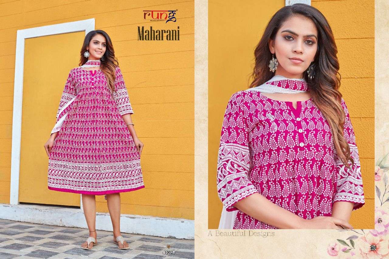 Rung Maharani Catalog Designer Wear Chikan Rayon Kurti With Dupatta 