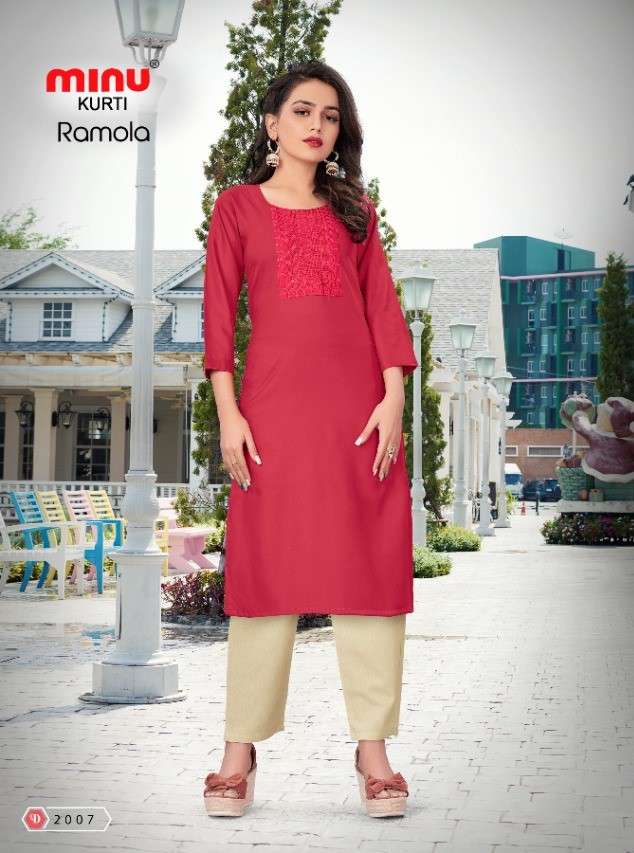 Minu RAMOLA Vol-2 Rayon Embroidered Kurtis-6P Catalog